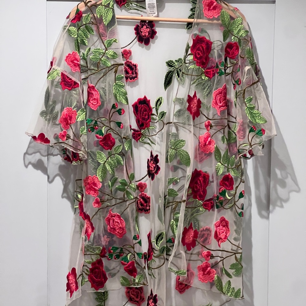 Floral Embroidered Sheer Kimono Top